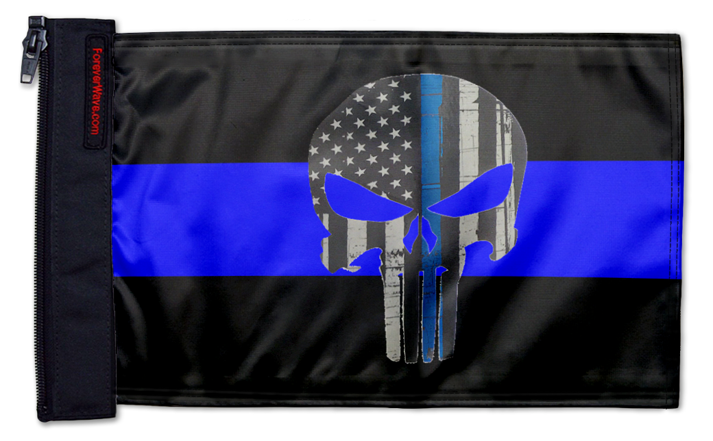 Thin Blue Line Punisher 12"x18" Forever Wave Flag for Jeep Wrangler CJ-7 and CJ-8 1976-1986