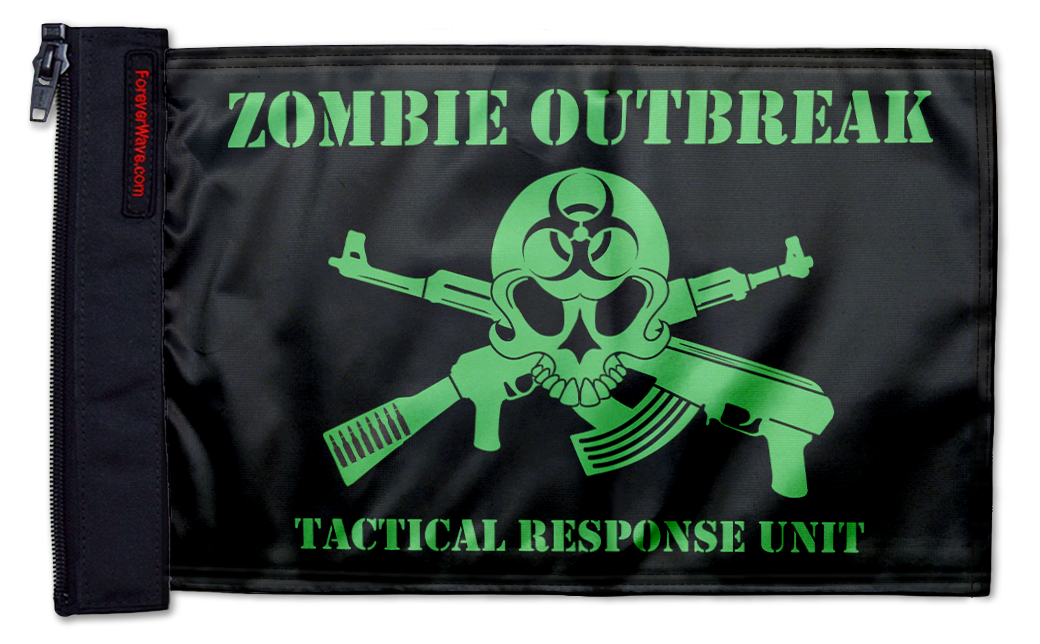 Zombie Outbreak Tactical Response Unit 12"x18" Forever Wave Flag for Jeep Wrangler JLU 4-Door 2018-Present